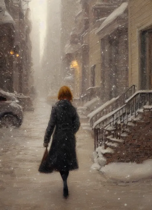 Prompt: back of emma stone in beige coat, walking into new york apartment building in winter, snow, artwork by gaston bussiere, craig mullins, trending on artstation