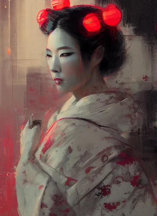 Image similar to female geisha girl, beautiful face, neon, rule of thirds, intricate outfit, spotlight, by greg rutkowski, by jeremy mann, digital painting