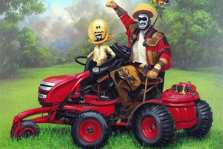 Prompt: portrait of wwf papa shango riding a lawn mower, an oil painting by ross tran and thomas kincade