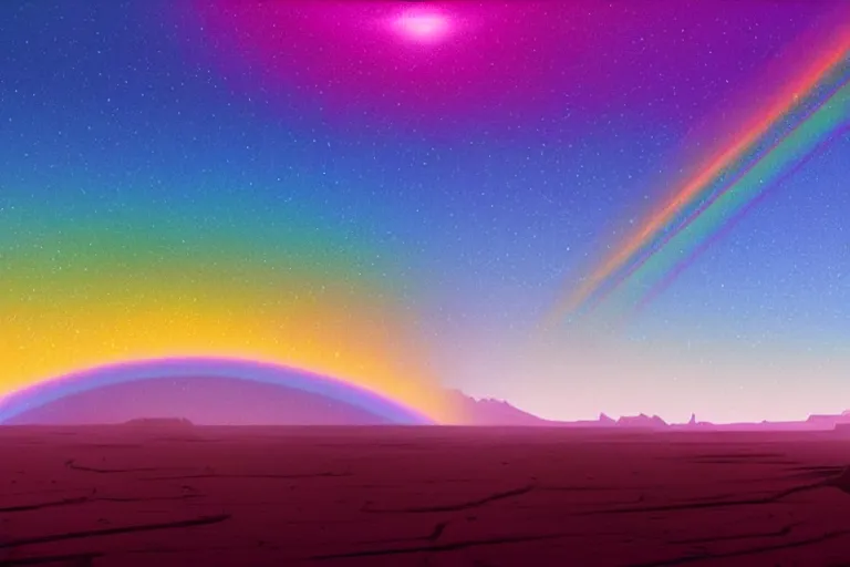 Image similar to The anomaly spiraling rainbow colors in the night sky of the ash desert, digital painting by James Gurney and Dan Mumford, Blizzard Concept Artists, trending on artstation, rendered in unreal engine