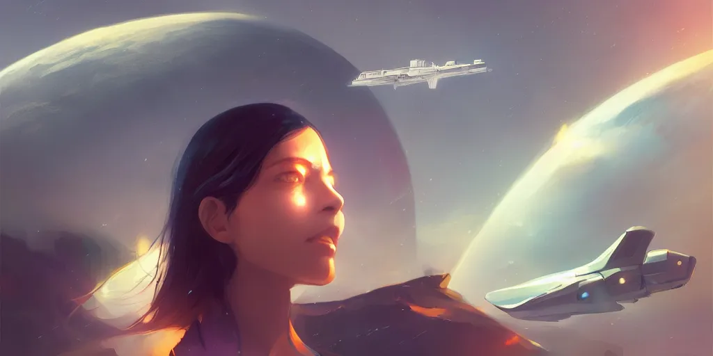 Prompt: Young Himalayan woman, somber white eyes, long, gentle lighting, piloting a small space shuttle, futuristic, dim lighting, digital art by Makoto Shinkai ilya kuvshinov and Wojtek Fus, digital art, concept art,