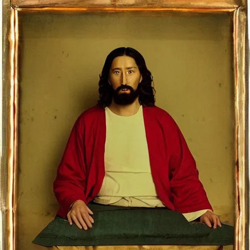 Prompt: studio photo of jesus in a chinese sweat shop, studio portrait