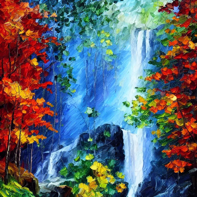 Image similar to A beautiful oil painting of a very tall waterfall on a very rocky cliff, in the middle of a huge forest of trees with bright blue glowing leaves, by Afremov