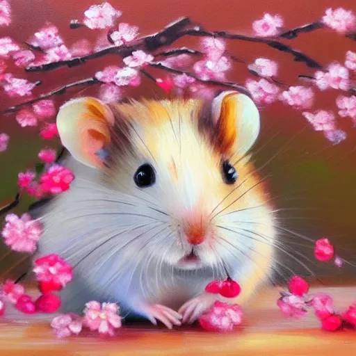 Prompt: beautiful oil painting of a hamster sitting in a colorful wide field full of cherry blossoms, artstation, high details