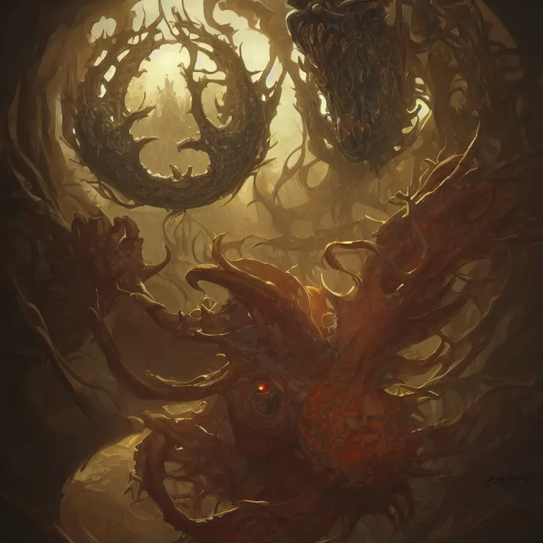 Prompt: Evil beholder monster, D&D, fantasy, highly detailed, digital painting, artstation, smooth, sharp focus, illustration, art by artgerm and greg rutkowski and alphonse mucha