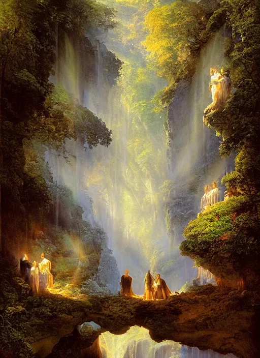 Image similar to a deep cave entrance, waterfalls, harmony of nature, infinite dawn, angelic light, sparkling dew, epic atmosphere, by asher brown durand, by yoshitaka amano