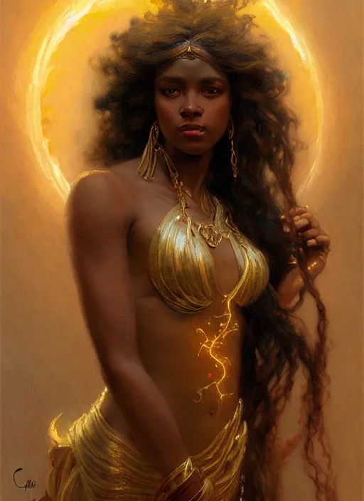 Image similar to young black woman, goddess of light, long flowing hair, smug expression, highly detailed painting by gaston bussiere, craig mullins, j. c. leyendecker 8 k