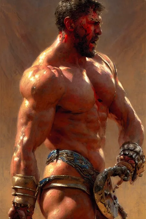 Image similar to Gladiator, blood, sweat, muscular, detailed face, correct face, painting by Gaston Bussiere, Craig Mullins