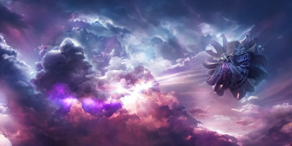 Prompt: side view of a large pinwheel that's a spaceship in fluffy clouds, sun peeking through, refractions, digital art, cgsociety, artstation, 4 k, epic, dramatic lighting, fantasy, dark blue, dark purple, periwinkle, reds, violet, emotional. 8 5 mm, f 1. 8