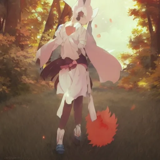 Prompt: anime kitsune foxgirl fox ears senko - san by kyoto animation by greg rutkowski by makoto shinkai