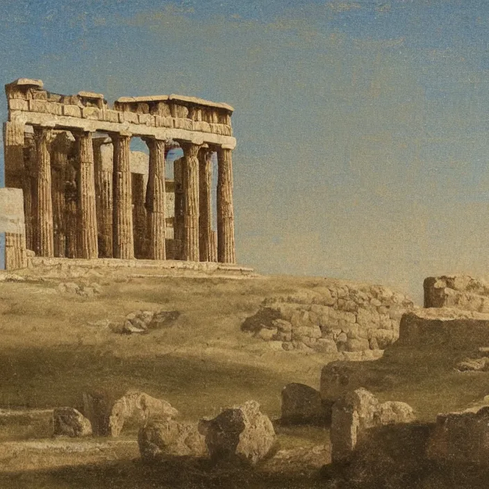 Image similar to a building in a serene landscape, ancient greek painting