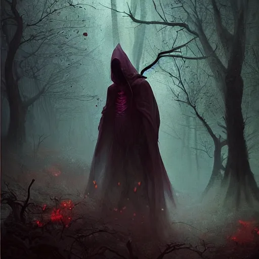 Image similar to ''cinematic shot'' dark hooded mage ( spectre ) using his magic to create zombies in the dead forest with leaves falling simetrical 8 k atmosferic realistic made by ivan aivazovsky, peter mohrbacher, greg rutkowski volumetric light effect broad light oil painting painting fantasy art style sci - fi art style realism premium prints available artwork unreal engine