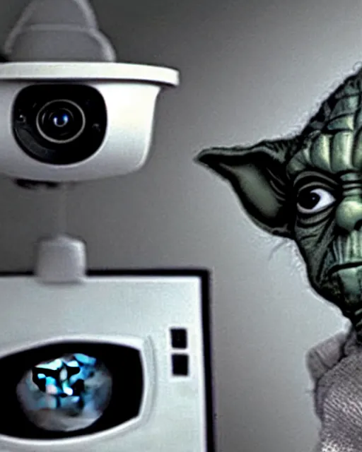 Prompt: Security cam footage of Yoda stealing a TV