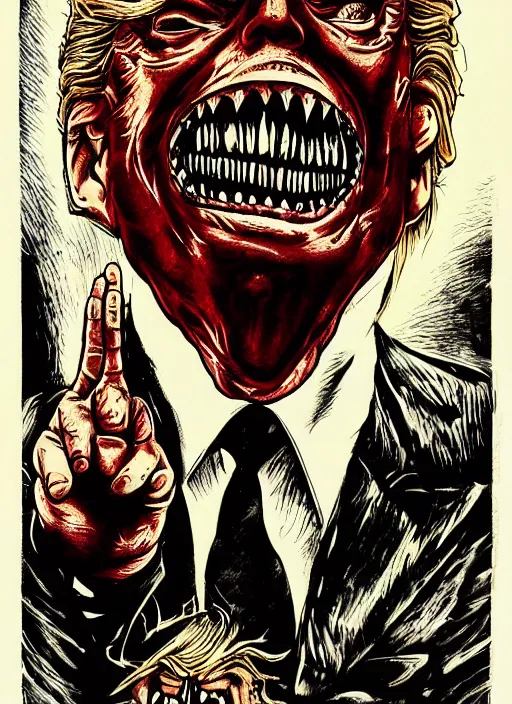 Image similar to donald trump's disgusting true form on a 1 9 9 0 s horror movie poster, inking, vintage 9 0 s print, detailed, scary, horror, screen print, trending on artstation