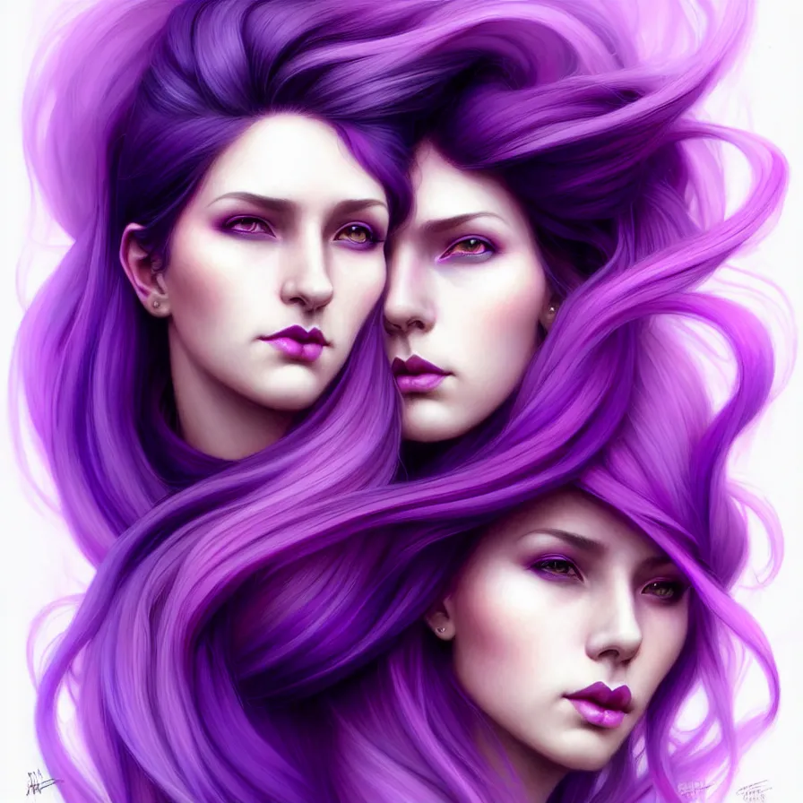 Image similar to Purple hair relistic Portrait of a two woman with bright colored flying hair, all shades of purple. Beauty face, Hair coloring, fantasy, intricate, elegant, highly detailed, digital painting, artstation, concept art, smooth, sharp focus, illustration, art by artgerm and greg rutkowski and alphonse mucha