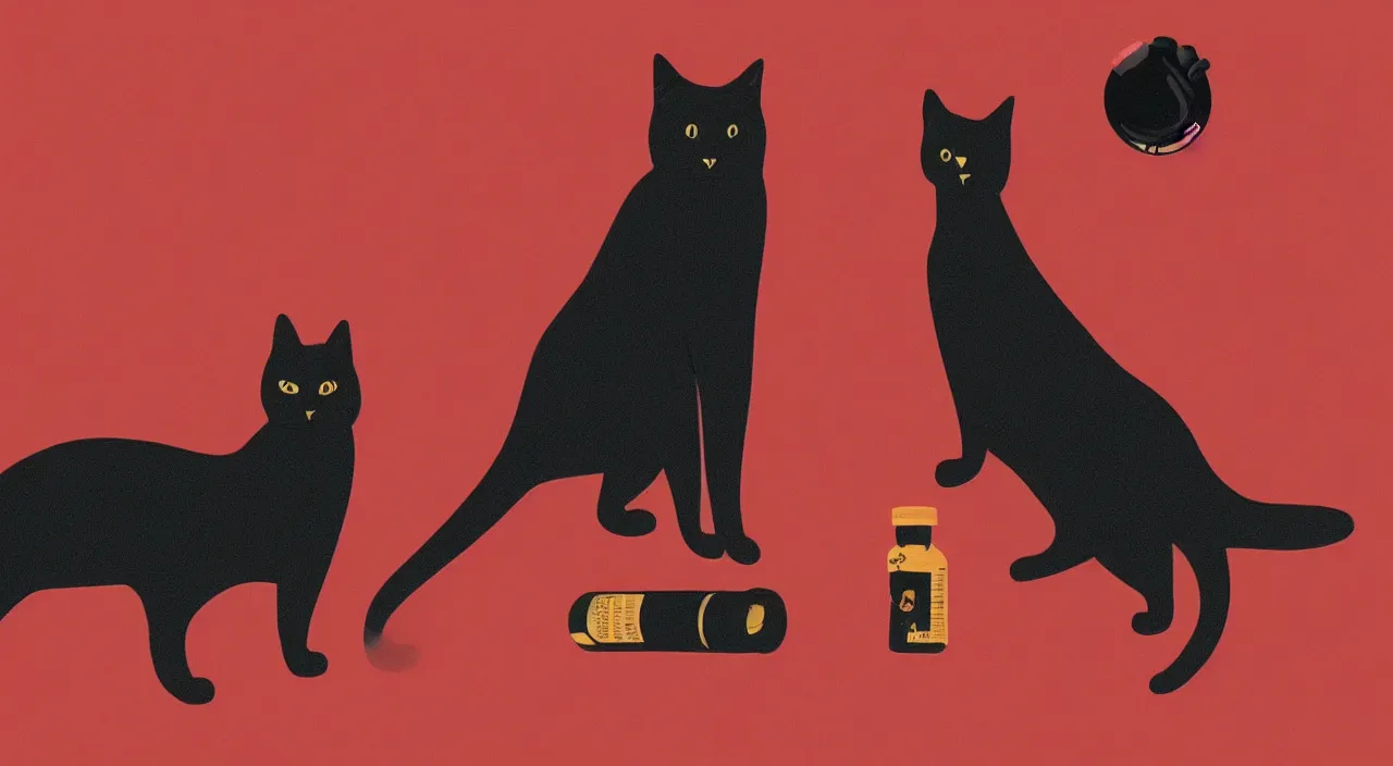 Image similar to a cat standing next to a bottle of medicine. black cat. animal. digital art. artstation. illustration. background color is red.