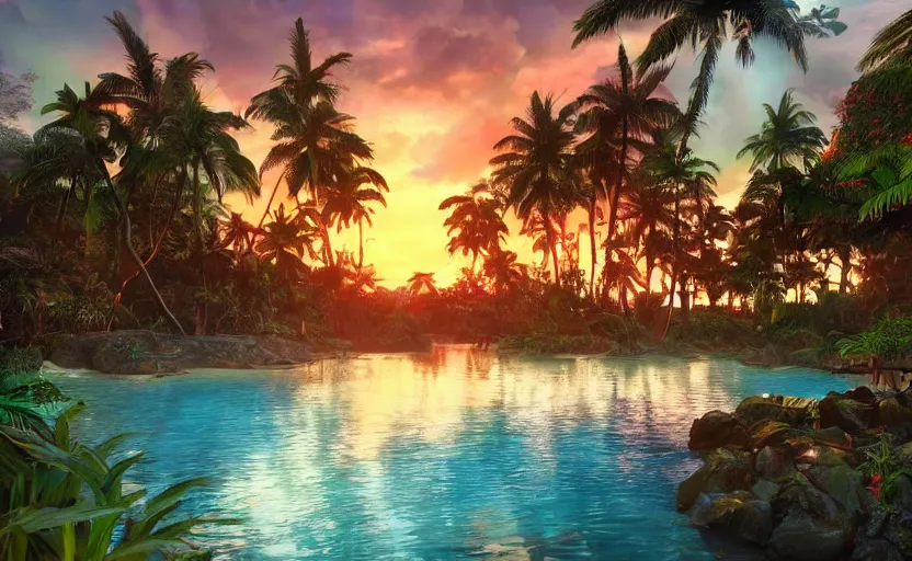 Image similar to a tropical resort in a jungle paradise, with a beautiful red and blue sunset, dynamic lighting, photorealistic fantasy concept art, trending on art station, stunning visuals, creative, cinematic, ultra detailed, ray tracing, sun rays