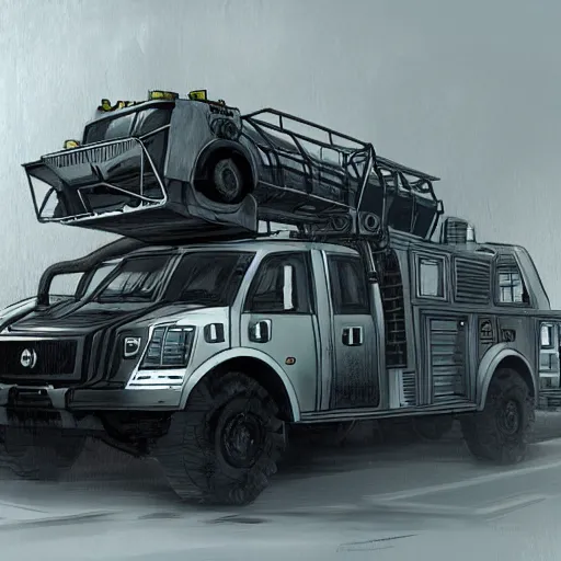 Prompt: future dystopian commercial firetruck, concept art, trending on artstation