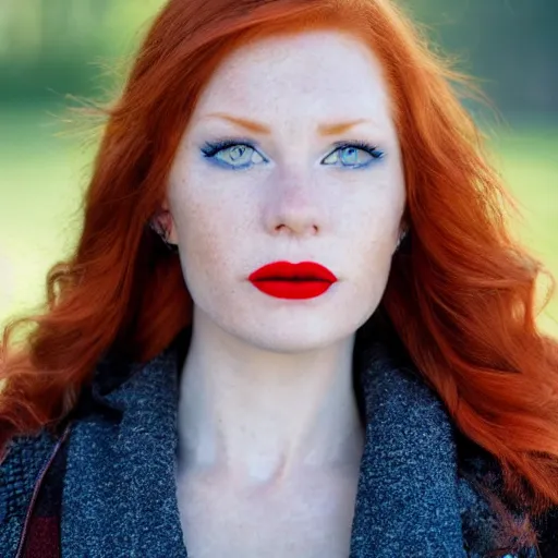 Prompt: close up portrait photo of the left side of the face of a redhead woman with blue eyes and big black round pupils and red lips who looks directly at the camera. Slightly open mouth, face covers half of the frame, with a park visible in the background. 135mm nikon. Intricate. Very detailed 8k. Sharp. Cinematic post-processing. Award winning photography