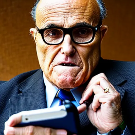 Prompt: close - up portrait of rudy giuliani showing how cell phone, by chris ware