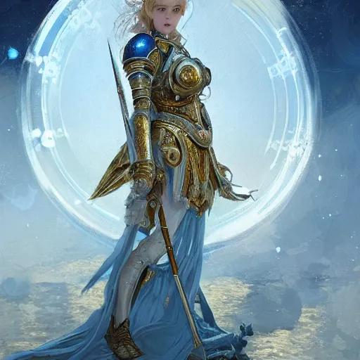 Image similar to portrait knights of Zodiac girl, white and metalic blue color reflected armor, in ruined Agora of Athens starry night, ssci-fi, fantasy, intricate, very very beautiful, elegant, golden light, highly detailed, digital painting, artstation, concept art, smooth, sharp focus, illustration, art by tian zi and WLOP and alphonse mucha