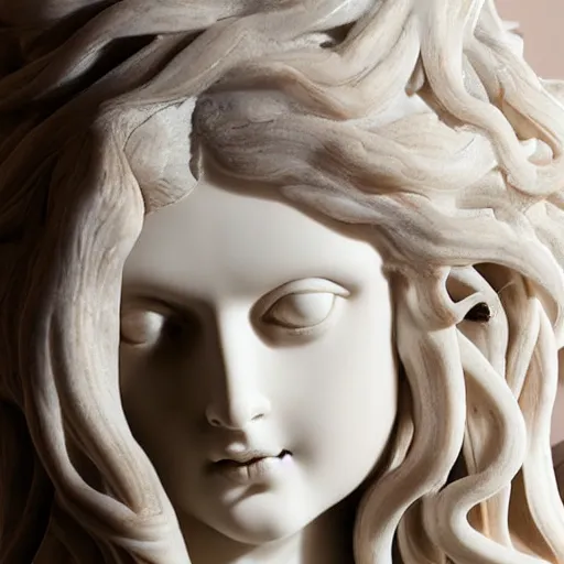 Prompt: female medusa long hair, marble statue, beautiful delicate face, macro shot head