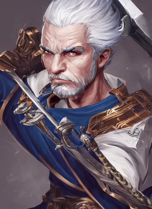 Image similar to a highly detailed illustration of furious short slick back white haired man wearing dark blue coat, bright blue eyes, heroic dramatic wielding katana pose, intricate, elegant, highly detailed, centered, digital painting, artstation, concept art, smooth, sharp focus, league of legends concept art, wlop