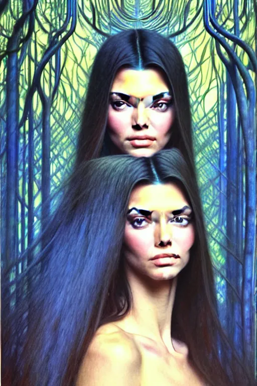 Image similar to realistic detailed face portrait painting of a beautiful kendall jenner with long hair with sci-fi headwear, futuristic sci-fi forest on background by Jean Delville, Amano, Yves Tanguy, Alphonse Mucha, Edward Robert Hughes, Roger Dean, rich moody colours, blue eyes