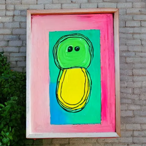 Prompt: a white beehive that has an abstract painting in pink and lime green on it painted by children, bees