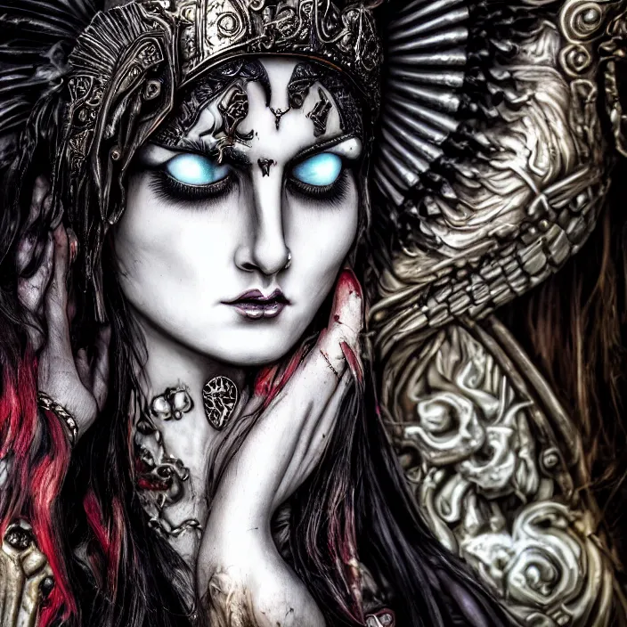 Image similar to candid photography, close up portrait, goddess of death, by anne stokes, photorealism, highly detailed, uhd