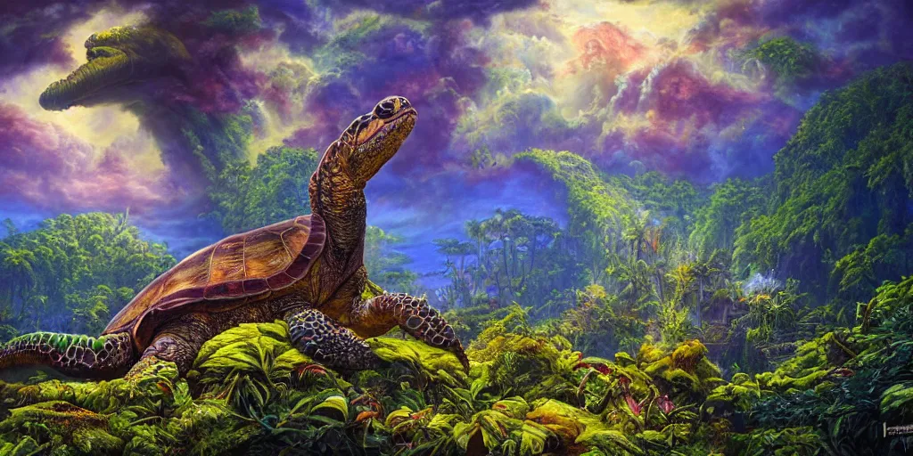 Image similar to fantasy oil painting, great leviathan, turtle cephalopod terrapin reptilian pachyderm amphibian hybrid, rainforest mountains, lush plants flowers, epic natural light, bright clouds, luminous sky, spacecraft, outer worlds, bright cinematic key lighting, michael cheval, michael whelan, vray, 8 k hd