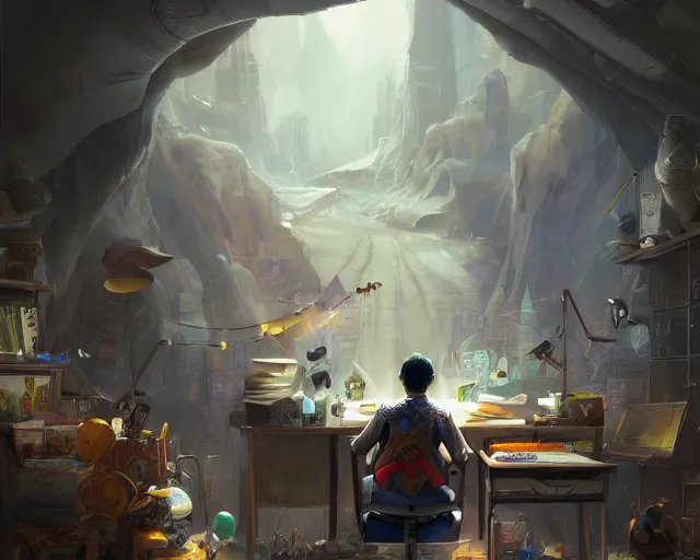 Image similar to an insanely detailed painting of a nerdy asian man wearing a superhero costume, sitting at a desk, staring at the nervously at the computer and typing, in the style of peter mohrbacher, dramatic lighting and composition, surreal background, octane render, pixar, trending on artstation, concept art, comic book, view from behind