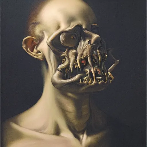 Image similar to oil painting with black background by christian rex van minnen rachel ruysch dali todd schorr of a chiaroscuro portrait of an extremely bizarre disturbing mutated man with acne intense chiaroscuro cast shadows obscuring features dramatic lighting perfect composition masterpiece