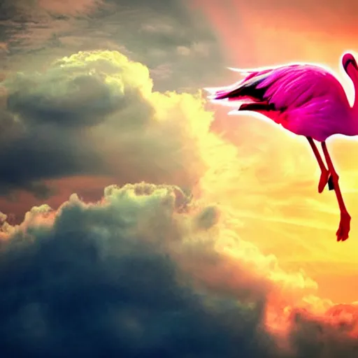 Image similar to a goddess wearing a flamingo fashion up there in sky, aesthetics, on fire, photoshop, colossal, creative and cool, giant, digital art, city, photo manipulation, clouds