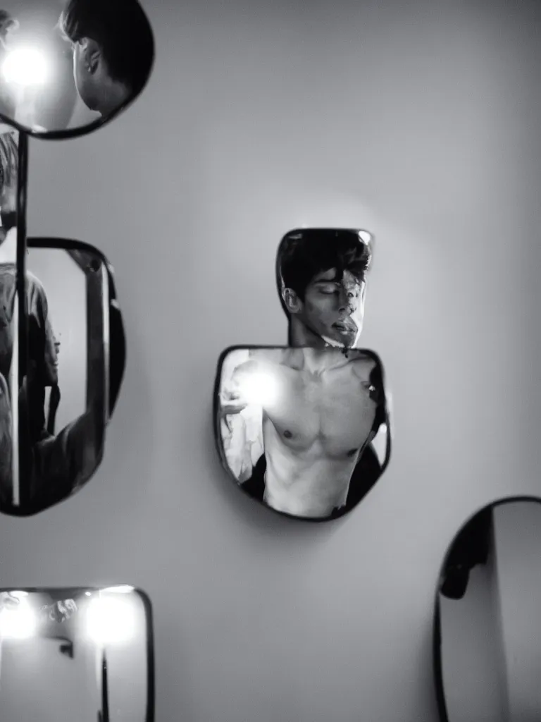 Image similar to androgynous male, staring into infinite mirror, photographic noir, wide lens