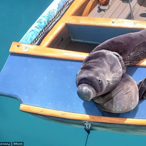 Image similar to incredibly fantastically stupendously exagerratedly fluffy incredibly tiny winged pygmy baby manatee platypus hybrid being cradled by a pirate captain the deck of his ship, realistic, fantasy, pet, adorable, national geographic