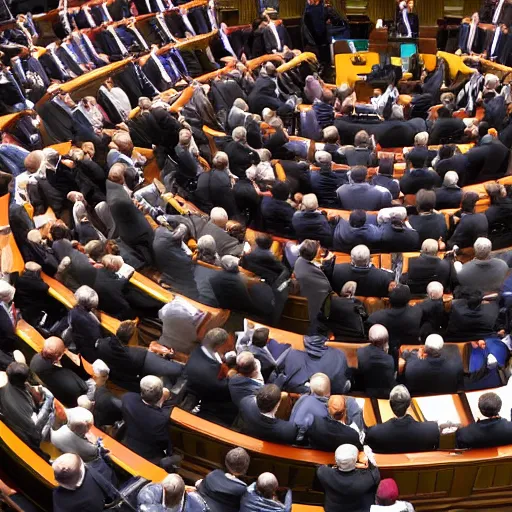 Prompt: !dream brawl crowd parliament guys wearing suit fight each others, hyperdetailed, aerial view