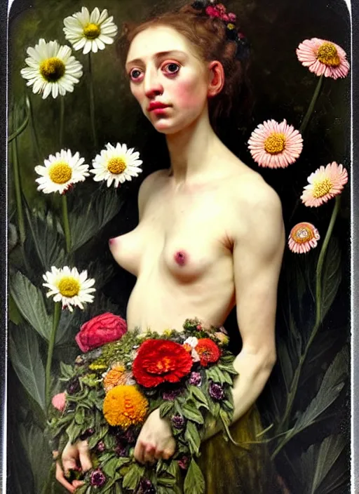 Prompt: beautiful and detailed rotten woman made of plants and many types of stylized flowers like carnation, daisy, chrysanthemum, anemone, roses and tulips, intricate, surreal, vladimir volegov, john constable, guy denning, gustave courbet, caravaggio, romero ressendi, bruno walpoth 1 9 1 0 polaroid photo