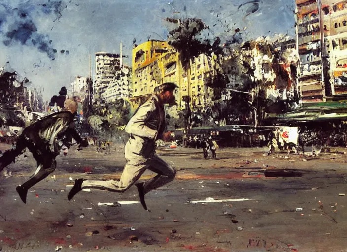 Prompt: a man running at full speed protesting in a dystopian alameda santiago de chile by john berkey and manet