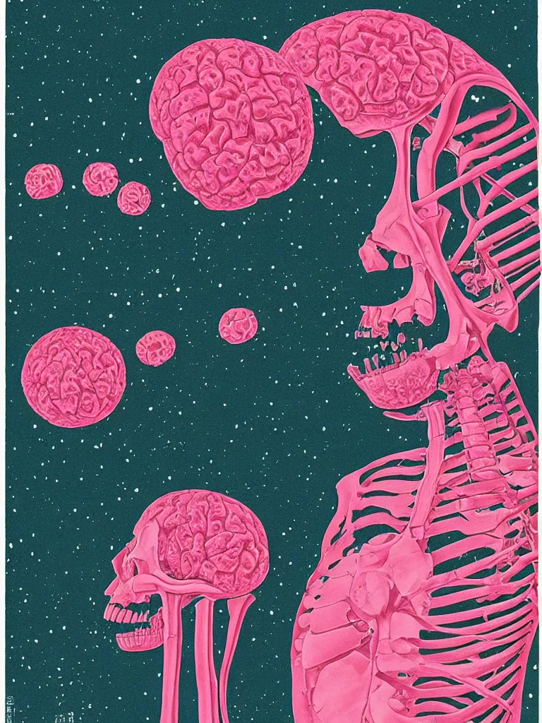 Prompt: portrait illustration of an x-ray skeleton with candy brains flying and squirting fluorescent pink liquid in the cosmos, by Kawase Hasui, scifi