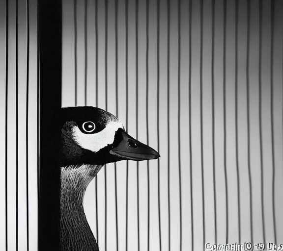 Prompt: Joachim Brohm photo of 'canada goose perched behind jail bars', high contrast, high exposure photo, monochrome, DLSR, grainy, close up