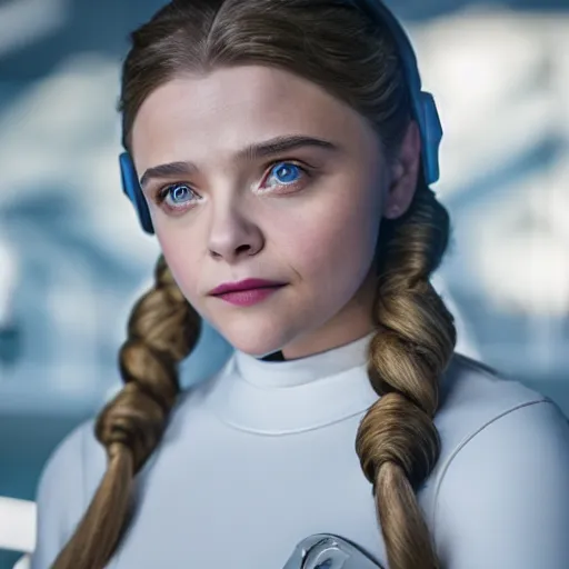 Prompt: Adult Chloe Moretz as Princess Leia, XF IQ4, 150MP, 50mm, f/2.8, ISO 200, 1/400th, natural light