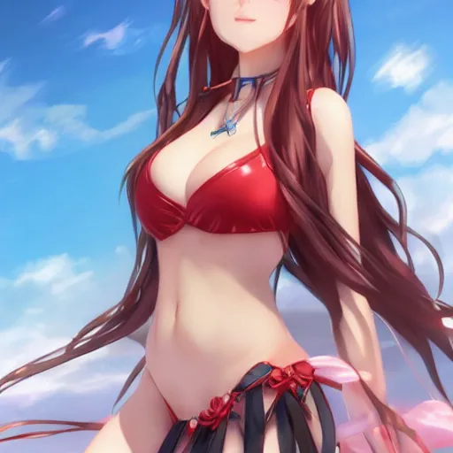 Image similar to a very beautiful mature yuuki asuna, full body, long wavy red hair, sky blue eyes, full round face, bikini, miniskirt, front view, mid - shot, cute pose, highly detailed, cinematic wallpaper by stanley artgerm lau