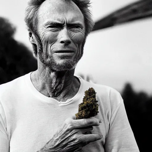 Prompt: Clint Eastwood sniffing a cannabis leaf