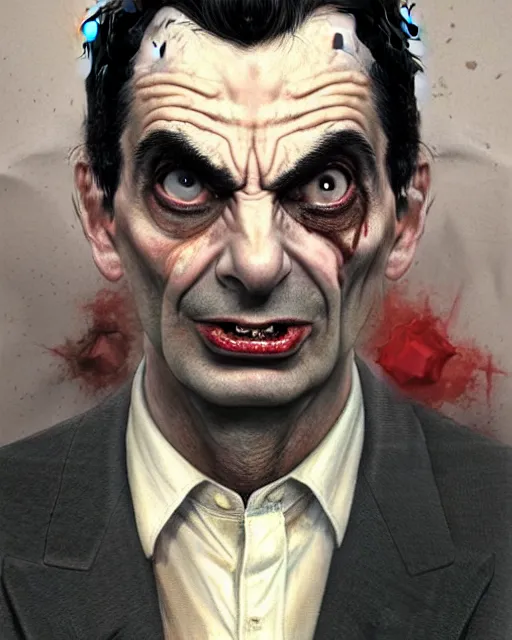Prompt: portrait of mr bean as a vampire, gritty, dark, very detailed, hyperrealistic, very detailed painting by Glenn Fabry, by Joao Ruas