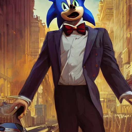 Prompt: [Sonic the hedgehog as the president of France as GTA character, propaganda, closeup, D&D, intricate, elegant, highly detailed, digital painting, artstation, concept art, matte, sharp focus, illustration, art by Artgerm and Greg Rutkowski and Alphonse Mucha and Enki Bilal]