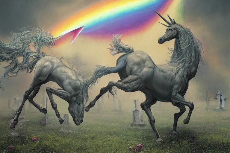 Image similar to A beautiful detailed mate painting Unicorns dancing under a rainbow on a graveyard' by Wayne Barlowe, existential horror, Trending on cgsociety artstation, highly detailed, 8k, masterpiece, in the style of DiscoDiffusion.