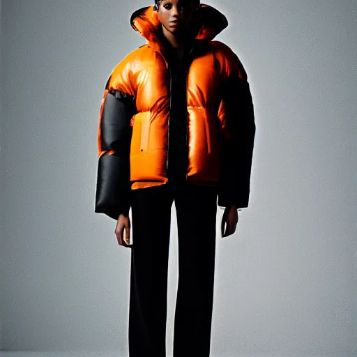 Image similar to realistic photoshooting for a new issey miyake lookbook, color film photography, portrait of a beautiful woman, model is wearing a asymetrical puffer jacket, photo in style of tyler mitchell, 3 5 mm,