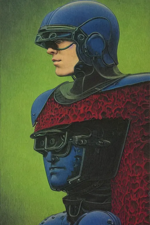 Prompt: portrait of gothic and futuristic young man, warhammer, cyber armor, a lot of scars, thunderstorm, blue head, red eyes, some green, the middle ages, highly detailed, artstation, in the style of moebius, jugendstil and classic japanese print, art by rene magritte, jean delville