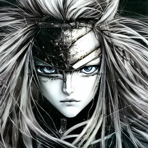 Image similar to Yoshitaka Amano realistic illustration of an anime girl with wavy white hair and cracks on her face wearing Elden ring armour with the cape fluttering in the wind, abstract black and white patterns on the background, noisy film grain effect, highly detailed, Renaissance oil painting, weird portrait angle